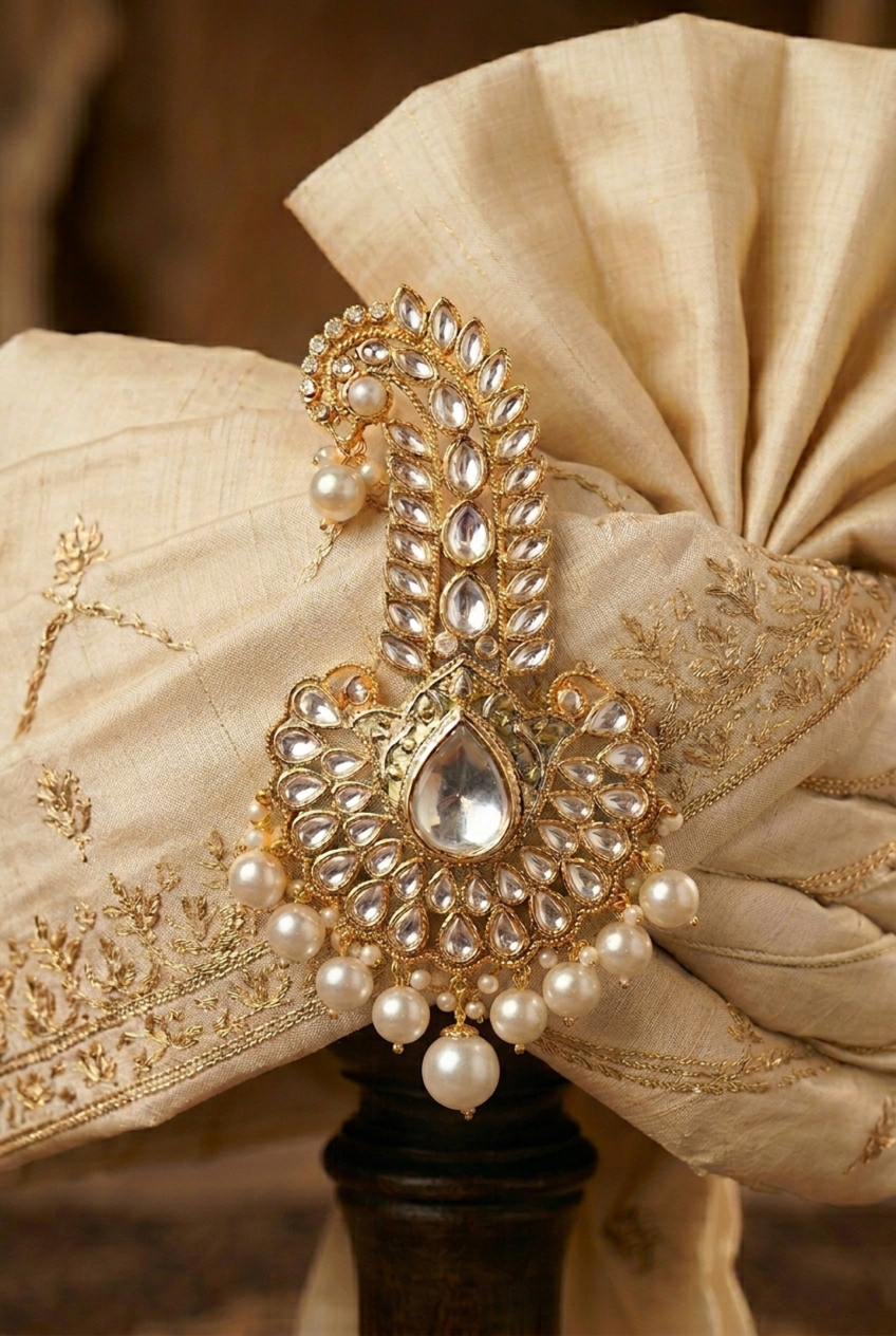 Men's Kundan Kalgi brooch in 22K gold plating with water pearl drops – ZC7152