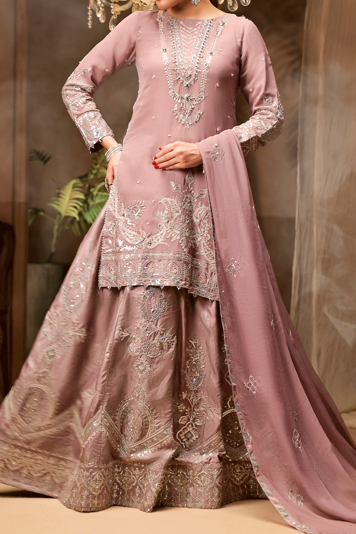 Mauve Embroidered Chiffon Shirt with Lehngha | 3-Piece Formal Outfit | N2437 | Adult