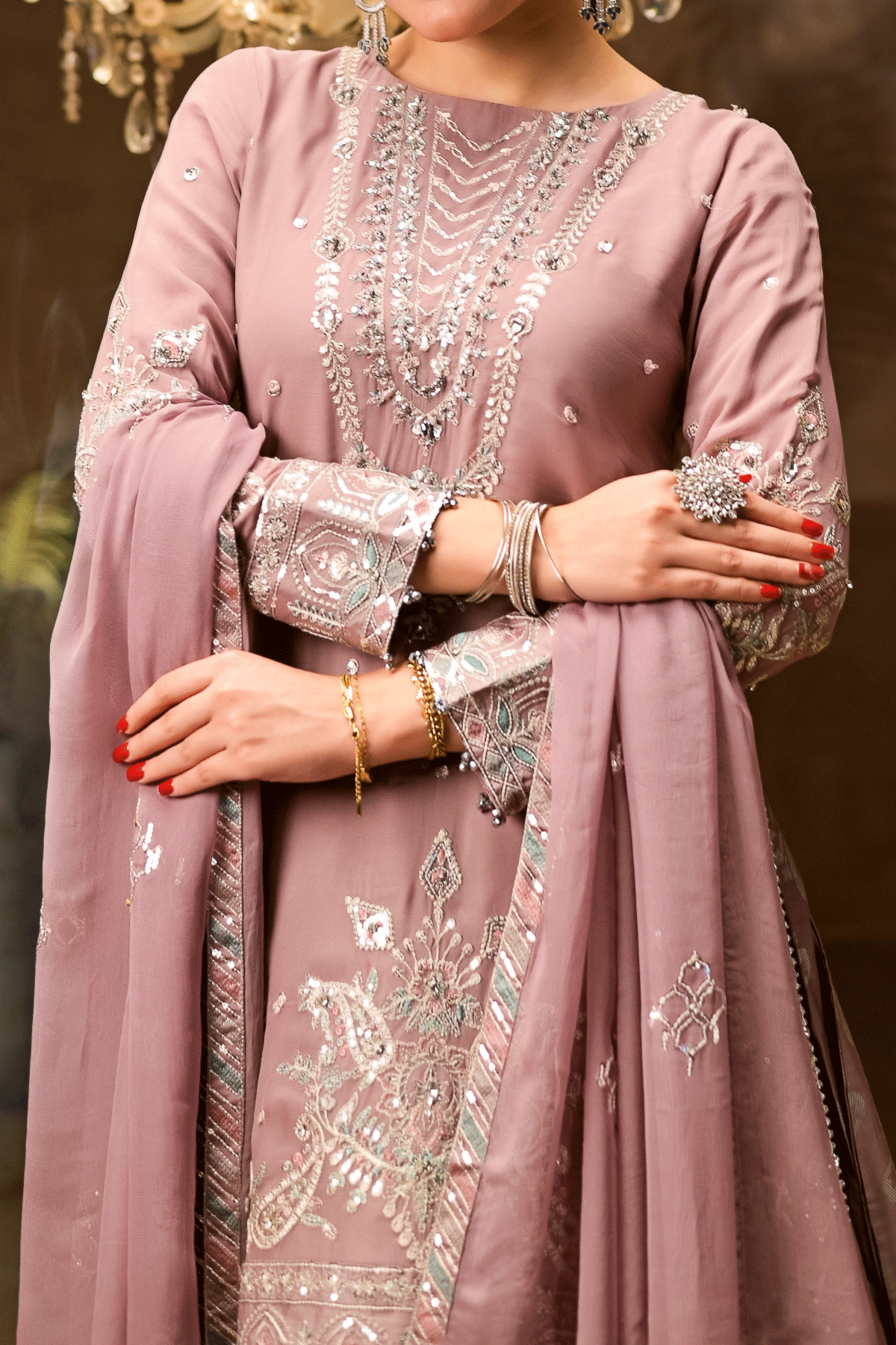 Mauve Embroidered Chiffon Shirt with Lehngha | 3-Piece Formal Outfit | N2437 | Adult