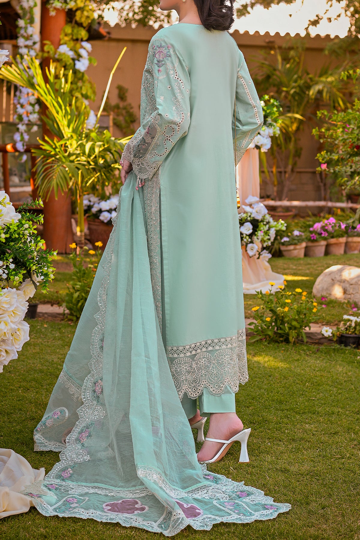 Powder Blue Embroidered Cotton 3-Piece Suit with Organza Patches | CTN-469