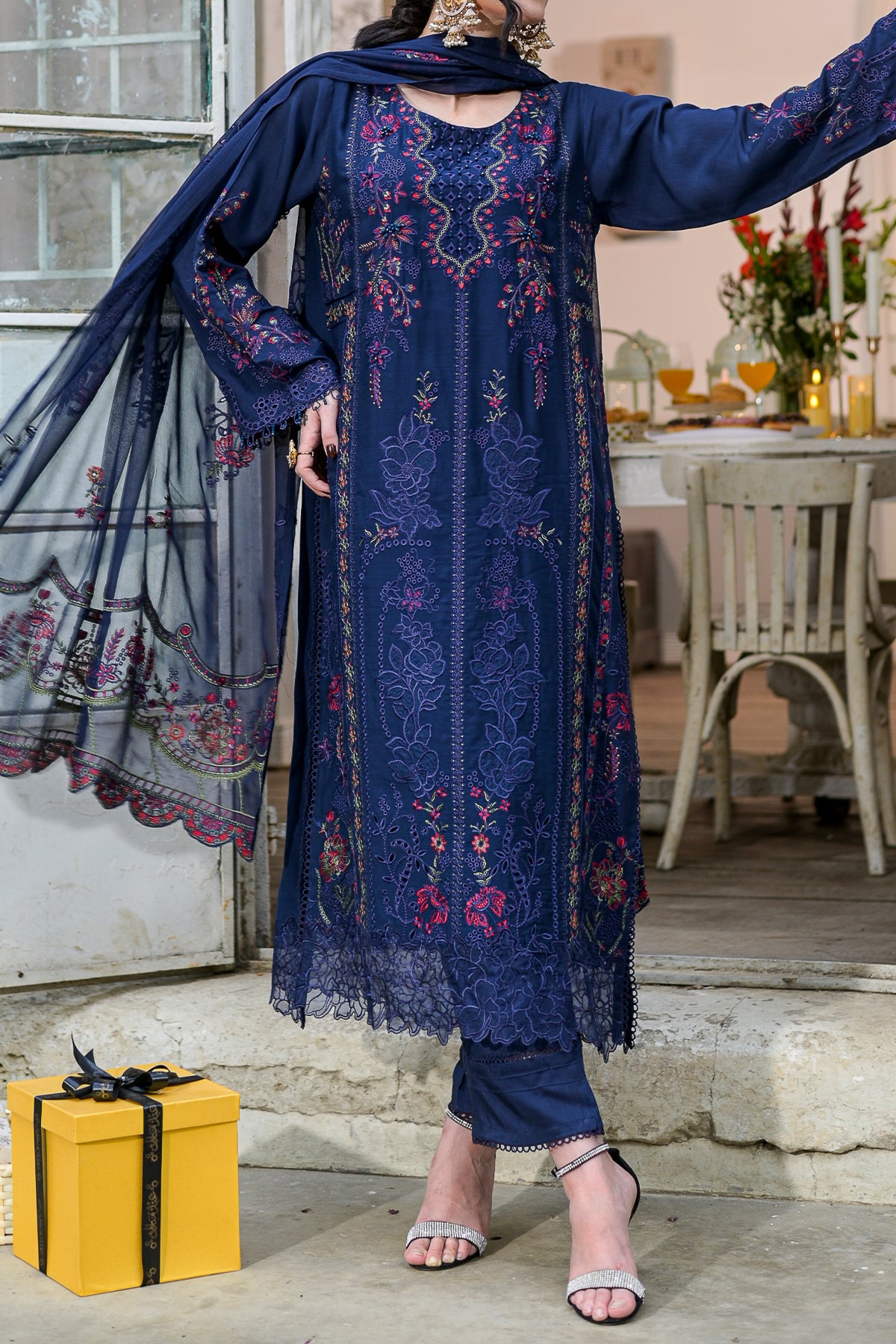 Blue Embroidered Viscose 3-Piece Suit | Hand Beading | Zarufa Creations | VS-597