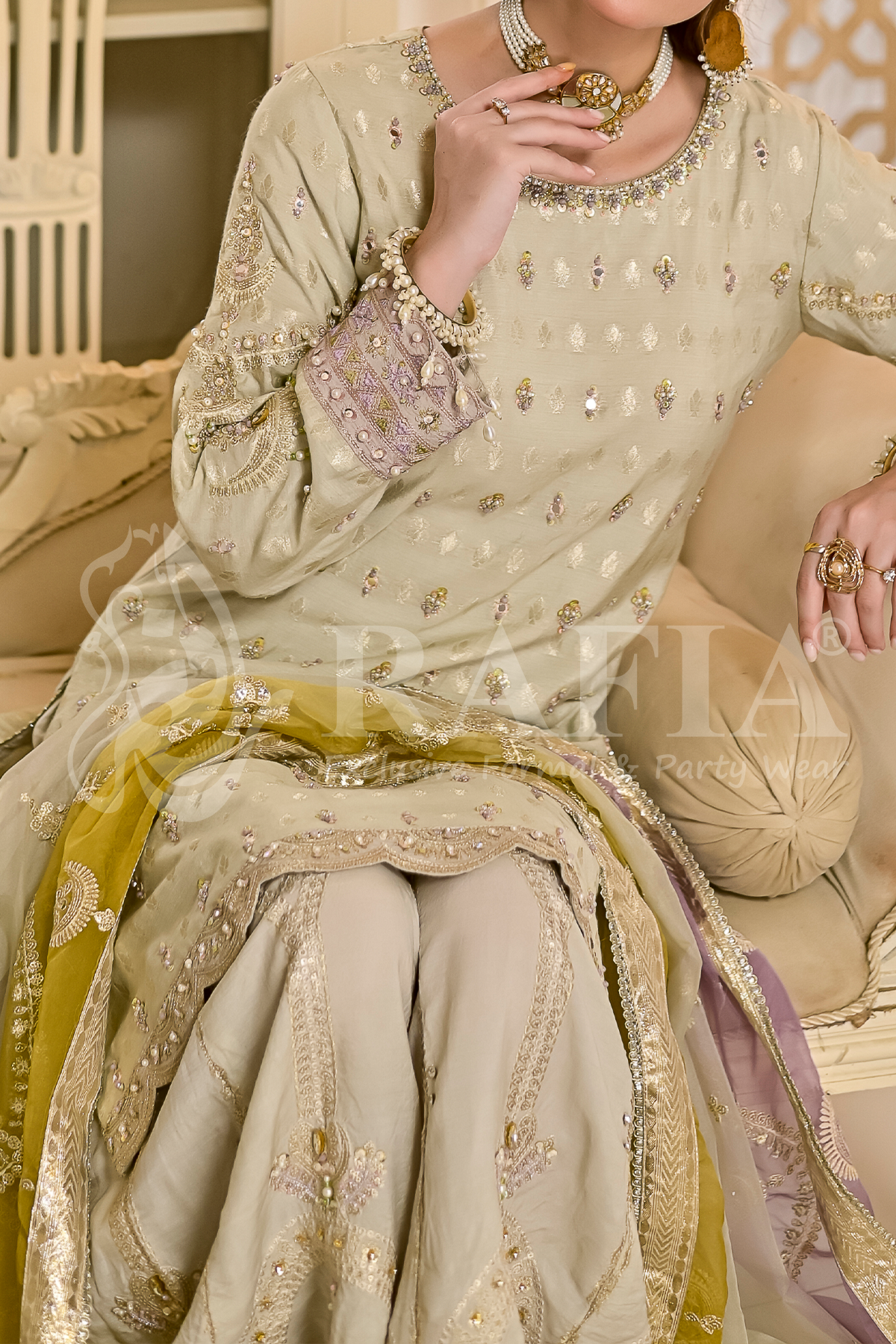 Pistachio Jacquard Sharara Suit | 3-Piece Pret | Zarufa Creations | RK-1288