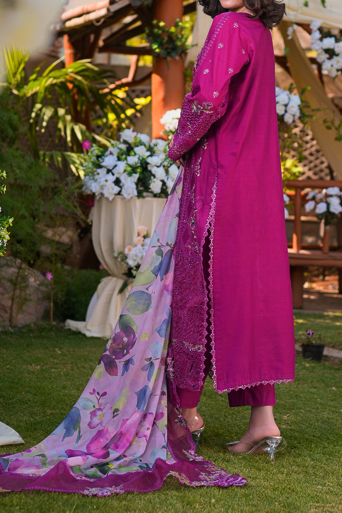 3-piece unstitched embroidered lawn suit with digital printed silk dupatta – Zarufa Creations