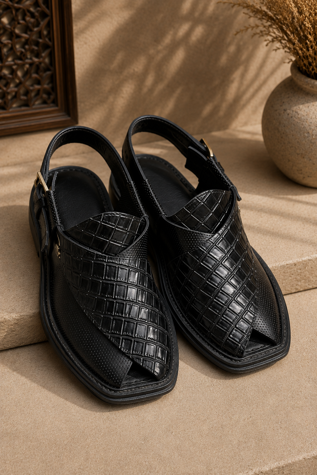 Men's Black Leather Peshawari Chappal | Traditional Pakistani Footwear | J. 003