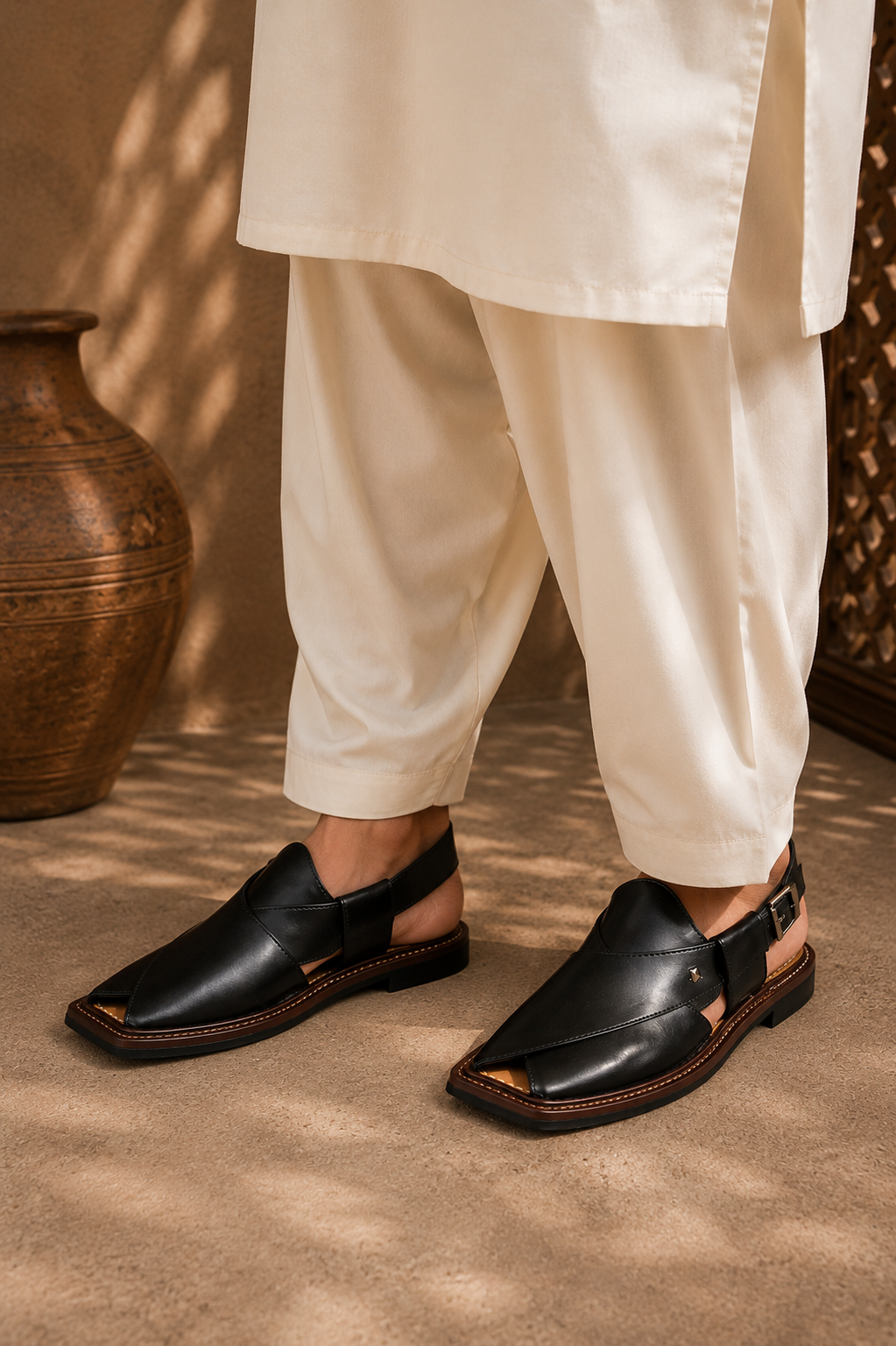 Men's Shine Black Peshawari Chappal | Traditional Pakistani Footwear | 008