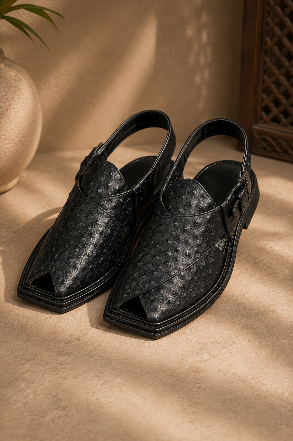 Men's Black Leather Peshawari Chappal | Traditional Pakistani Footwear | J. 004