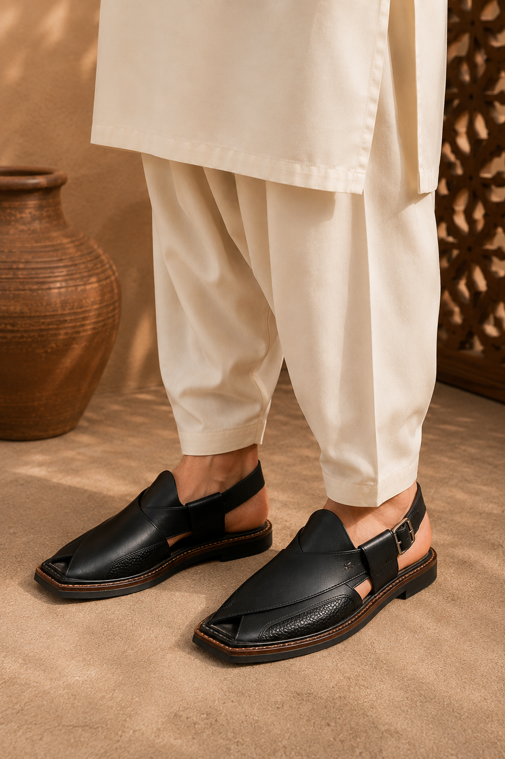 Men's Black Textured Peshawari Chappal | Traditional J. Pakistani Footwear | USA 009
