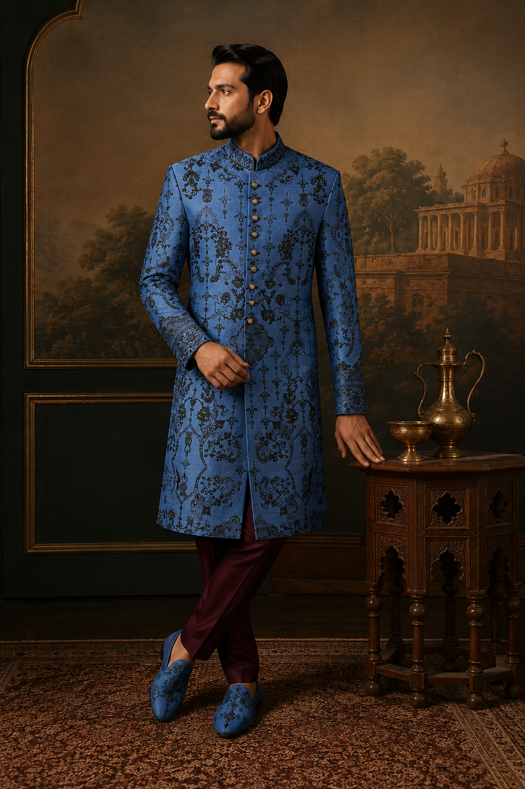 A man wearing a blue patterned sherwani jacket with dark trousers and blue shoes, standing in a classical indoor setting with a painting and a wooden table in the background.