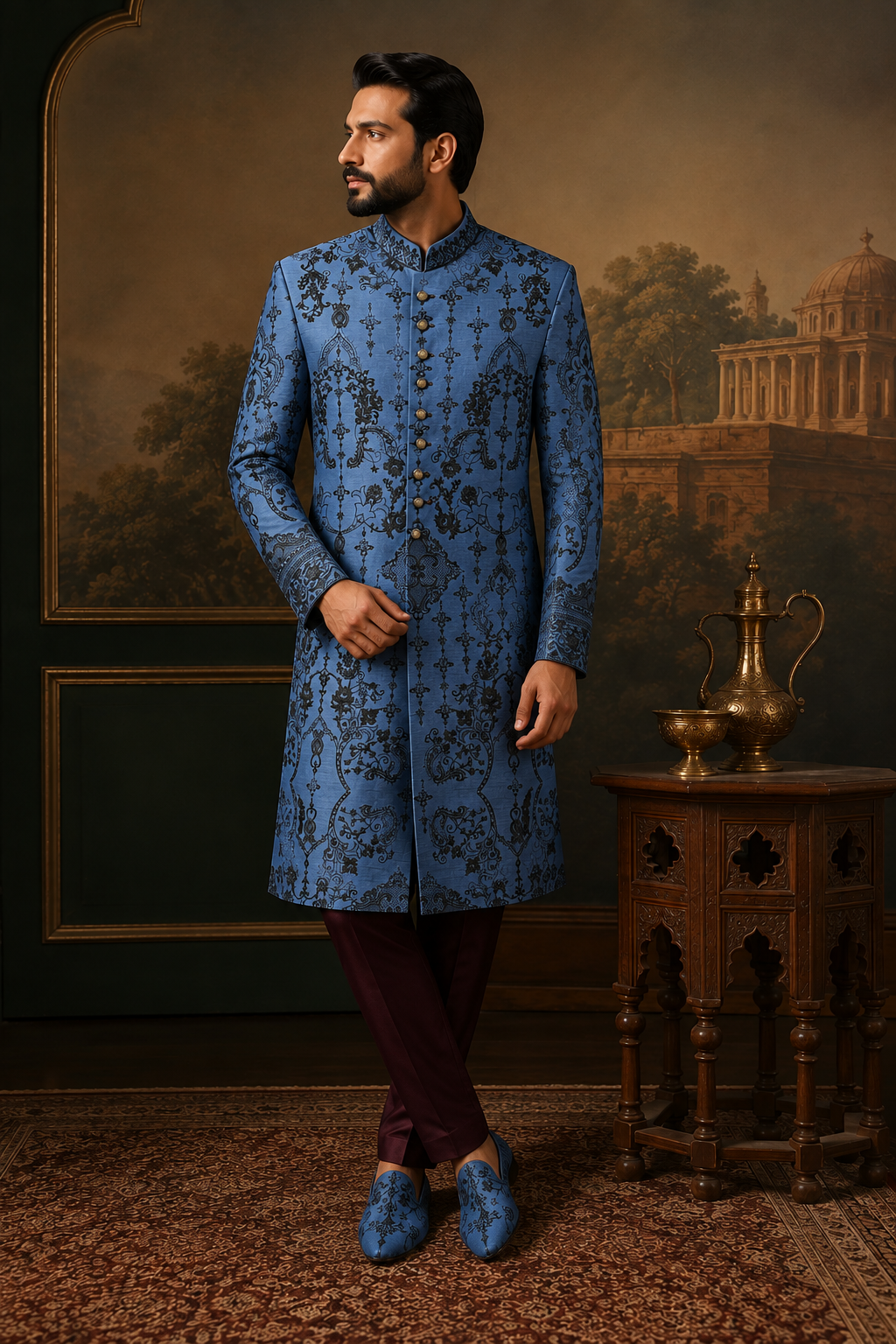 Blue Men’s Embroidered Sherwani – Luxury Wedding & Festive Wear