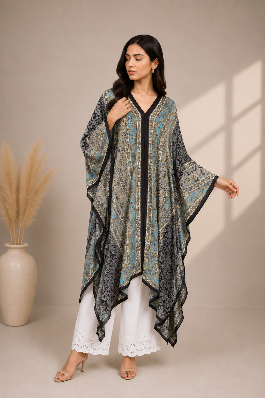Blue Printed Silk Poncho for Women | Paisley Handkerchief Style