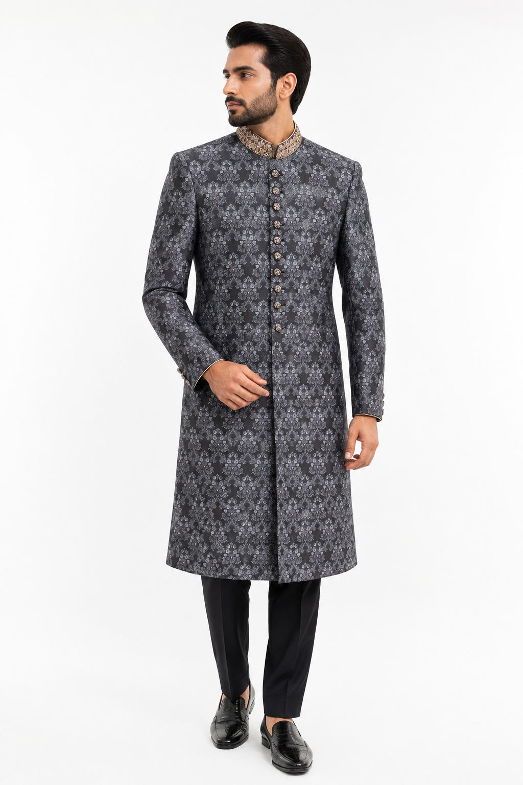 Charcoal brocade sherwani for men with floral pattern and embroidered collar