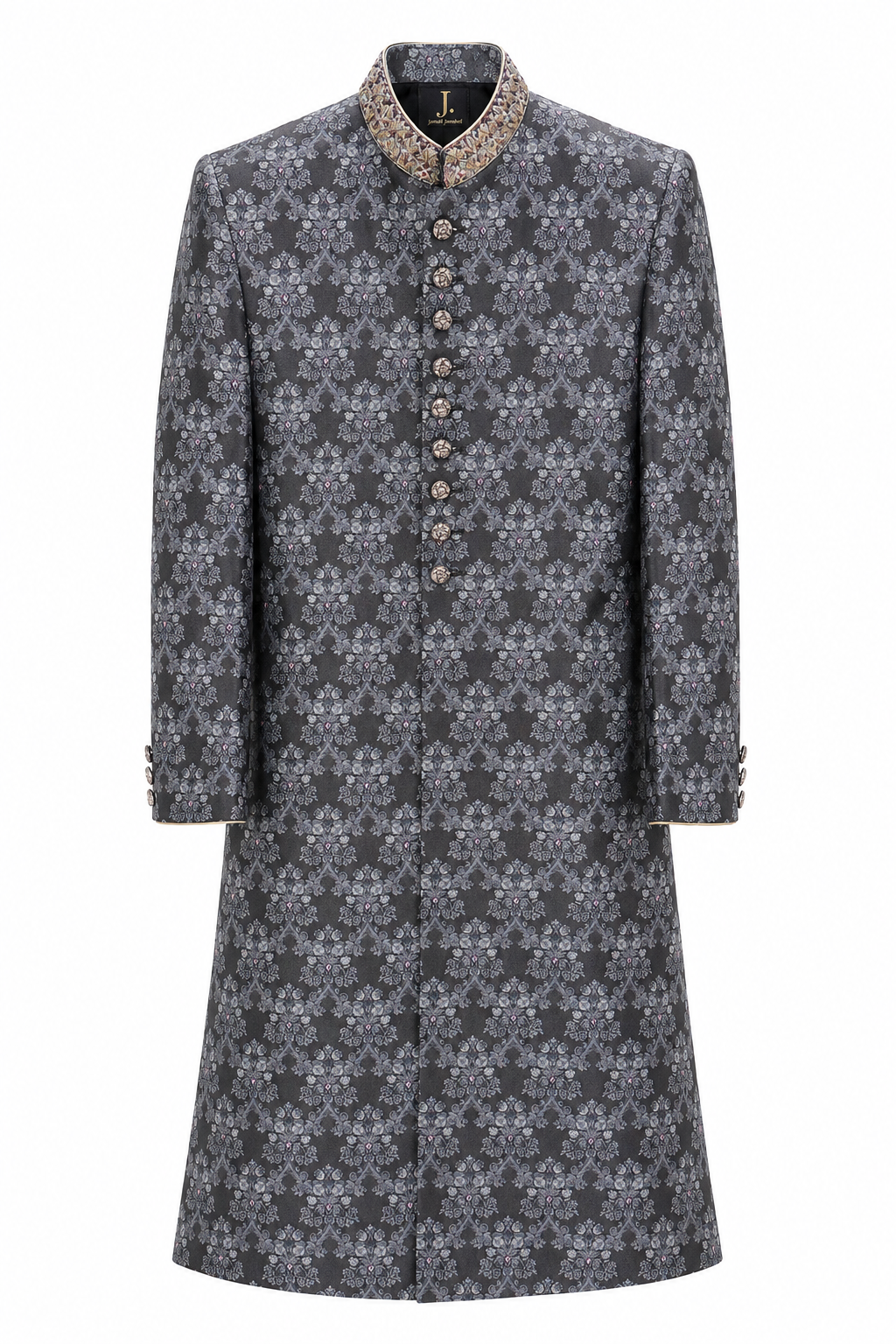 Charcoal brocade sherwani for men with floral pattern and embroidered collar