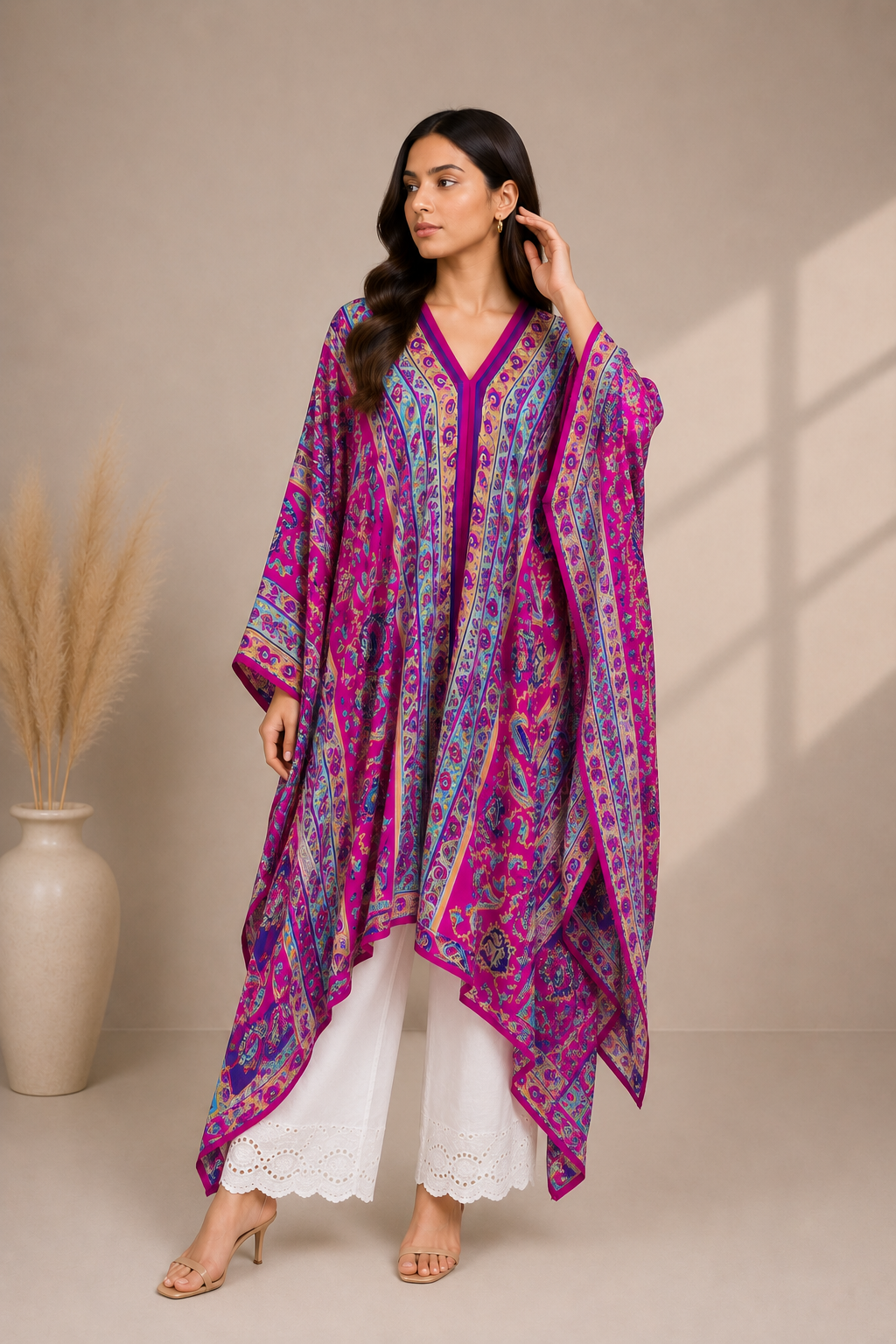 Colorful printed poncho for women with paisley-inspired pattern