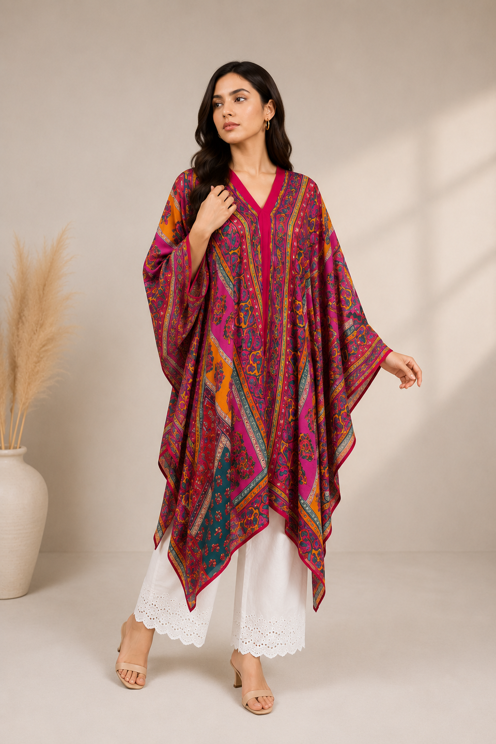 Fuchsia Printed Silk Poncho for Women | Paisley Handkerchief Style
