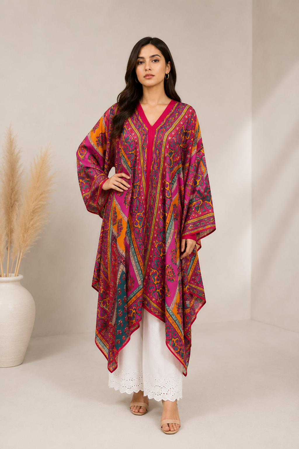 Fuchsia Printed Silk Poncho for Women | Paisley Handkerchief Style