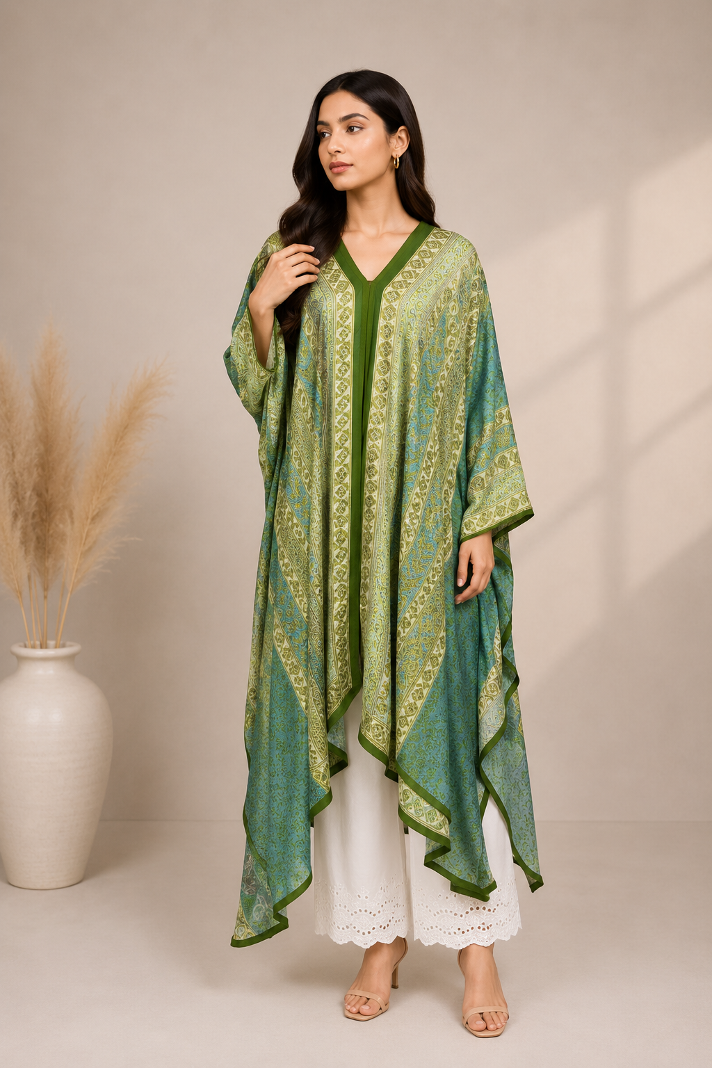 Green & Teal Printed Silk Poncho for Women | Paisley Style