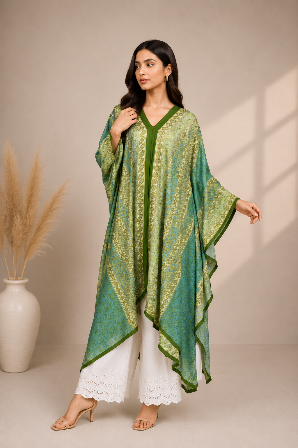 Green & Teal Printed Silk Poncho for Women | Paisley Style
