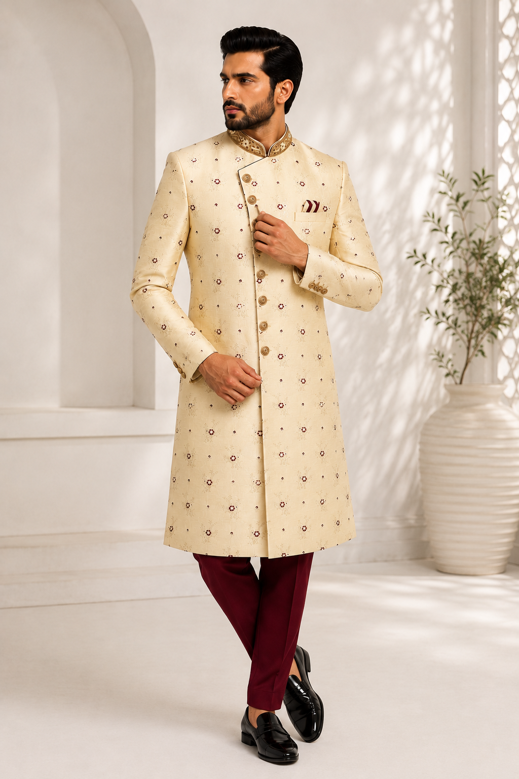 Ivory floral sherwani for men with ornate collar and decorative buttons