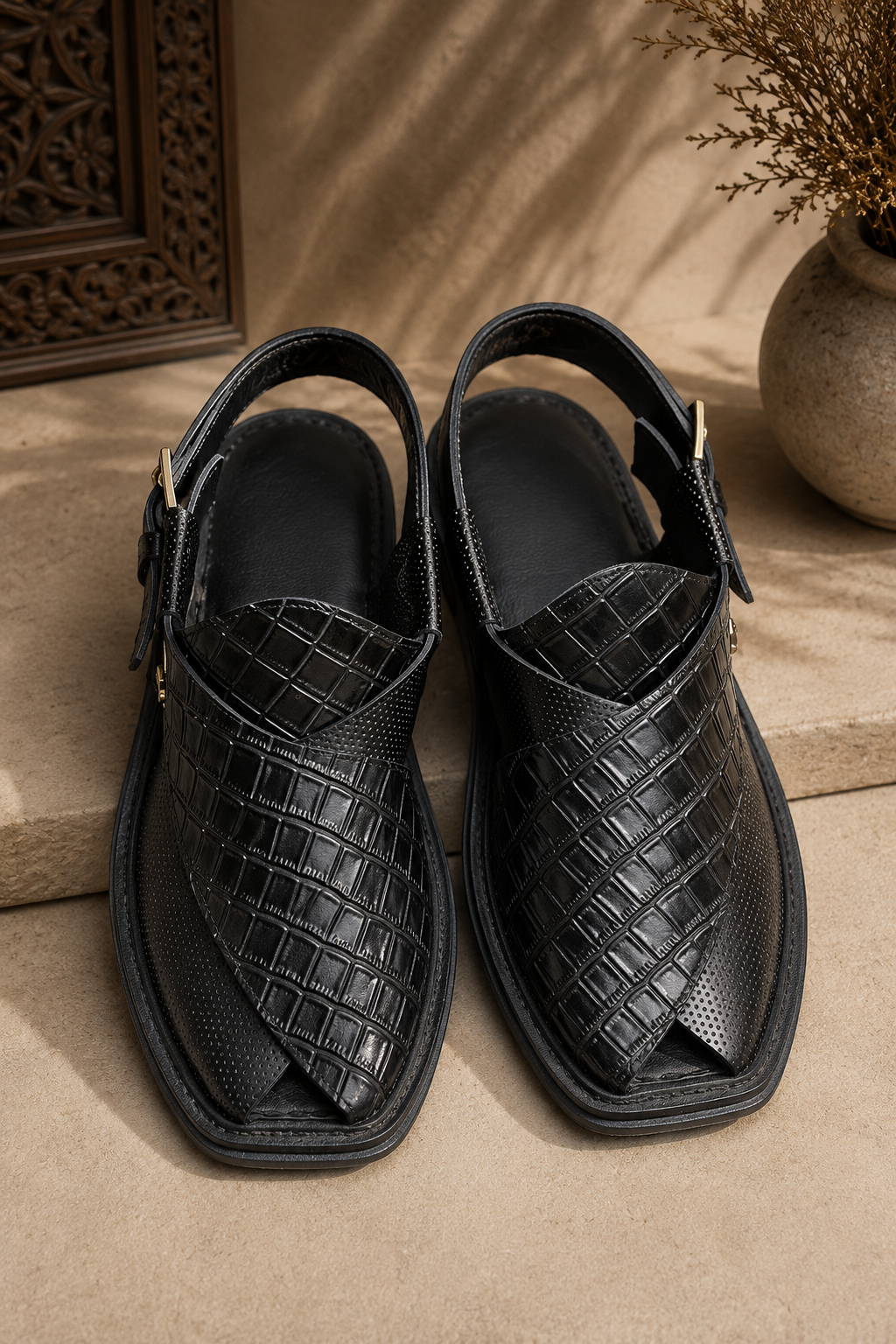 Men's Black Leather Peshawari Chappal | Traditional Pakistani Footwear | J. 003