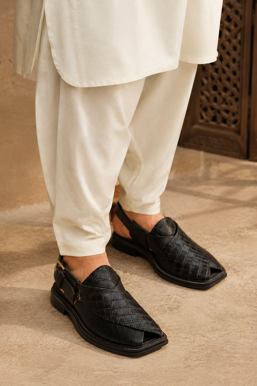 Men's Black Leather Peshawari Chappal | Traditional Pakistani Footwear | J. 003