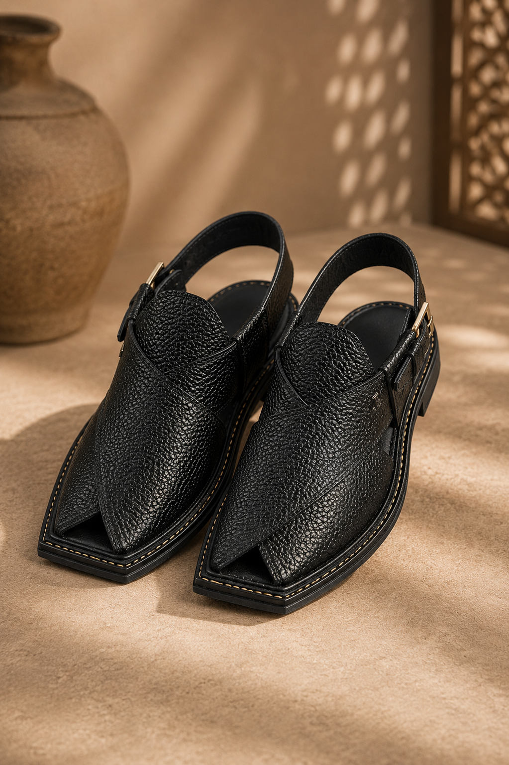 Men's black Peshawari chappal with traditional Pakistani design