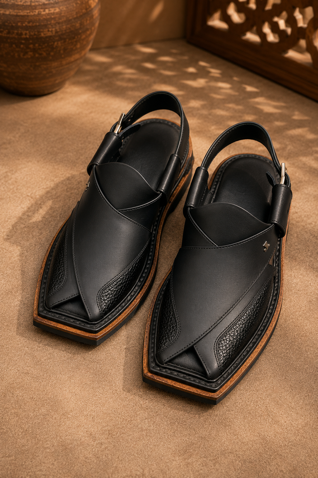 Men's Black Textured Peshawari Chappal | Traditional J. Pakistani Footwear | USA 009
