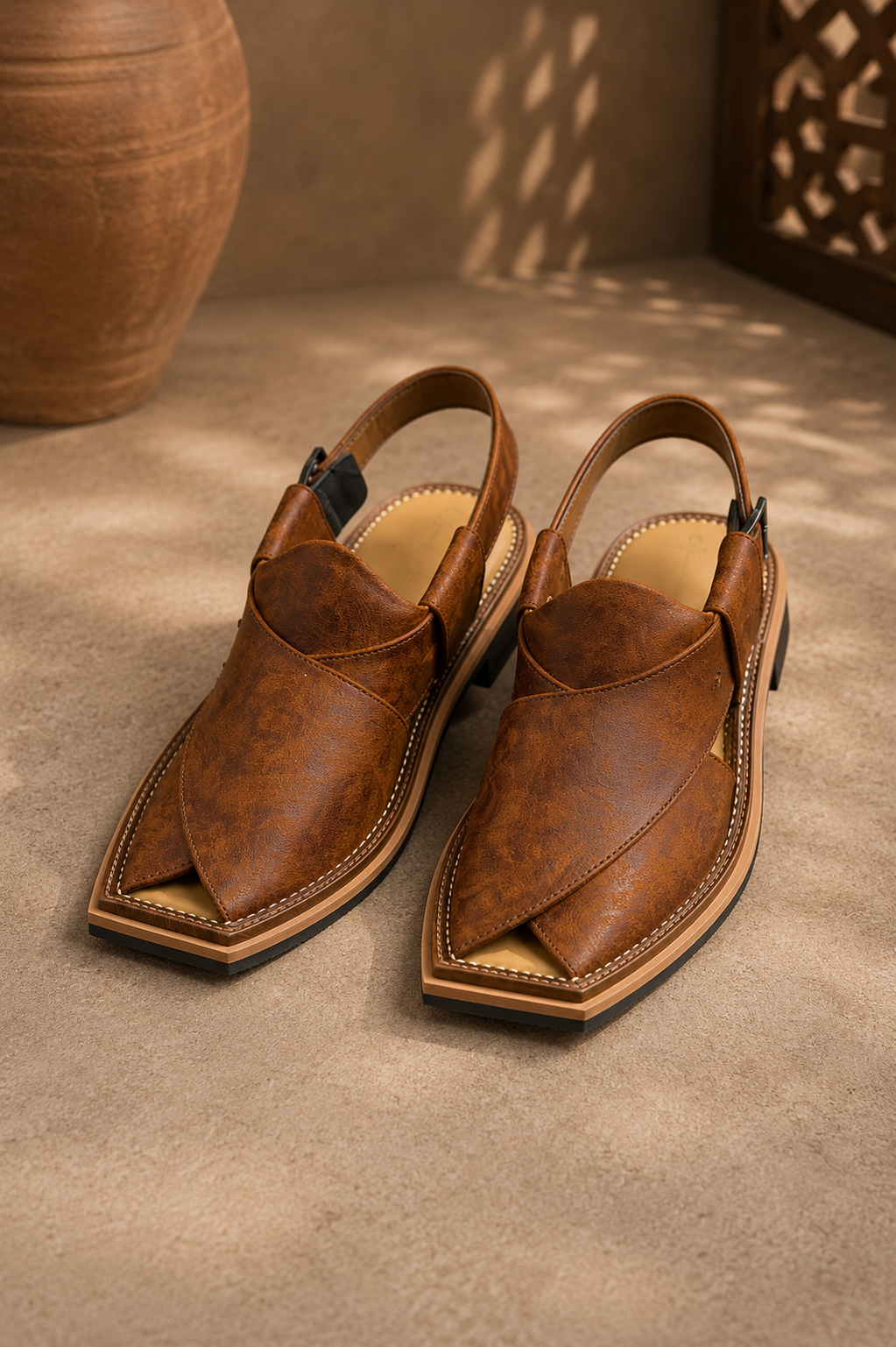 Men's brown Peshawari chappal with traditional Pakistani design