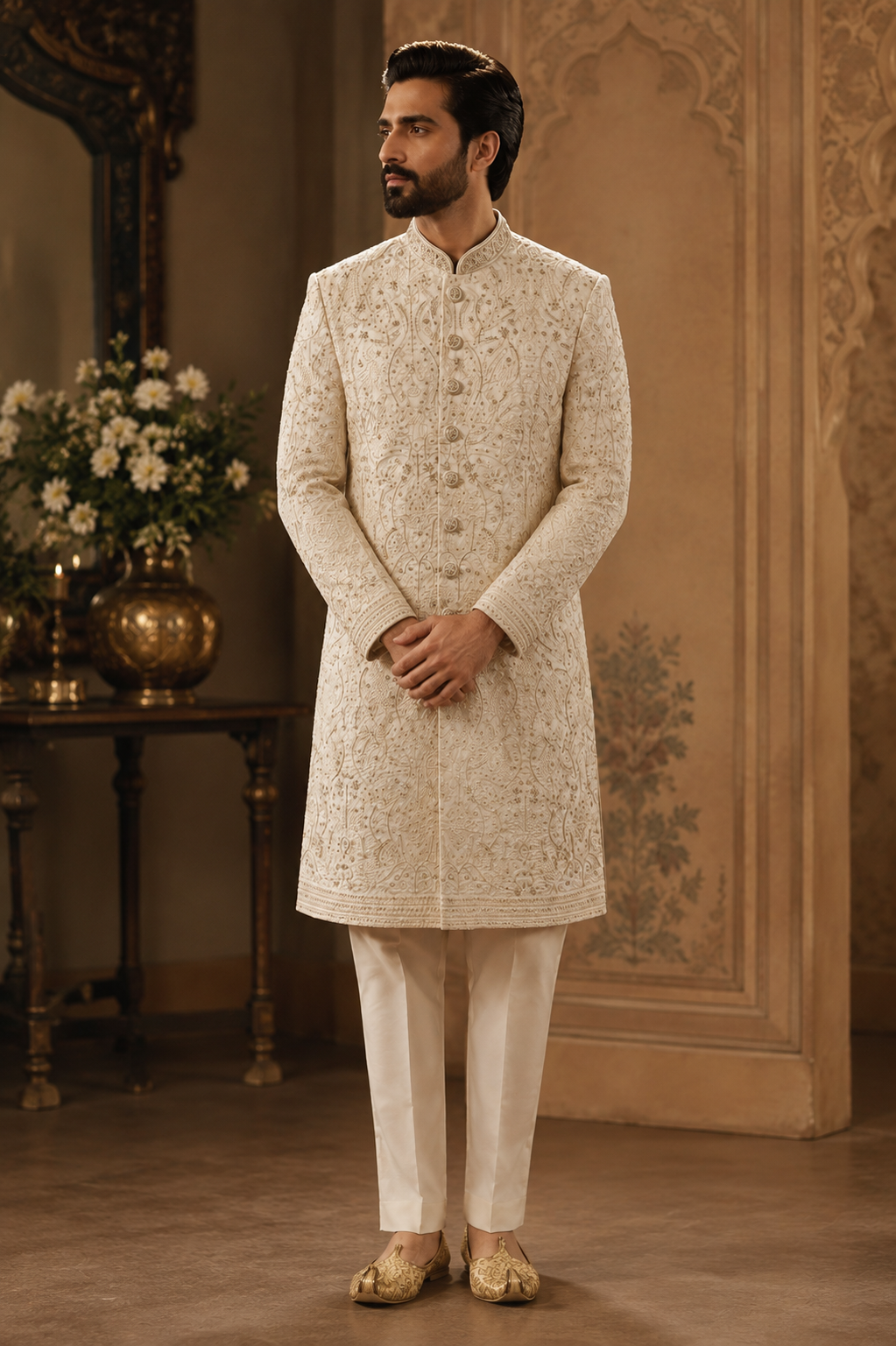 Men's Cream Ada Work Sherwani | Hand-Embroidered Wedding Wear