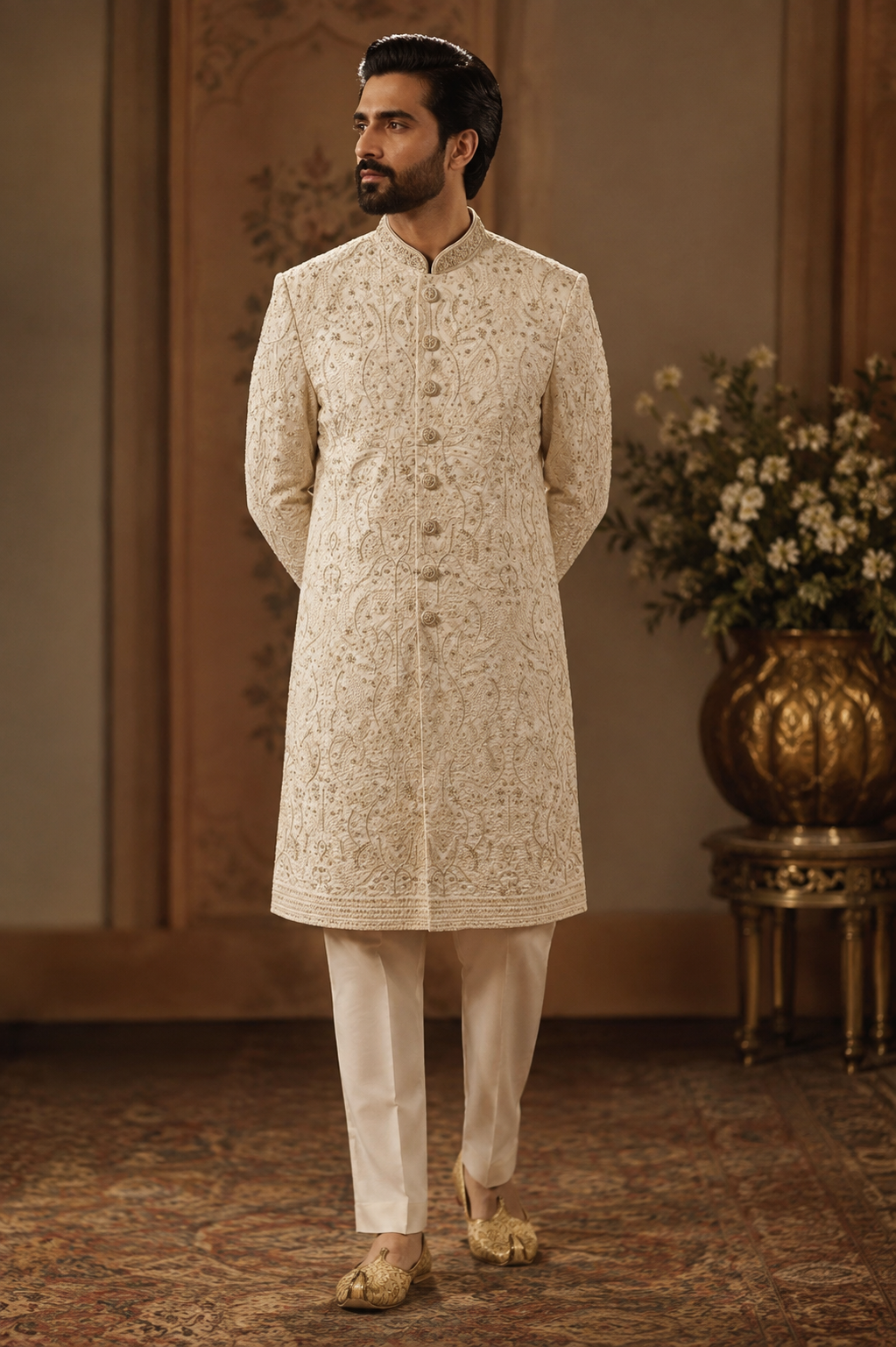 Men's Cream Ada Work Sherwani | Hand-Embroidered Wedding Wear
