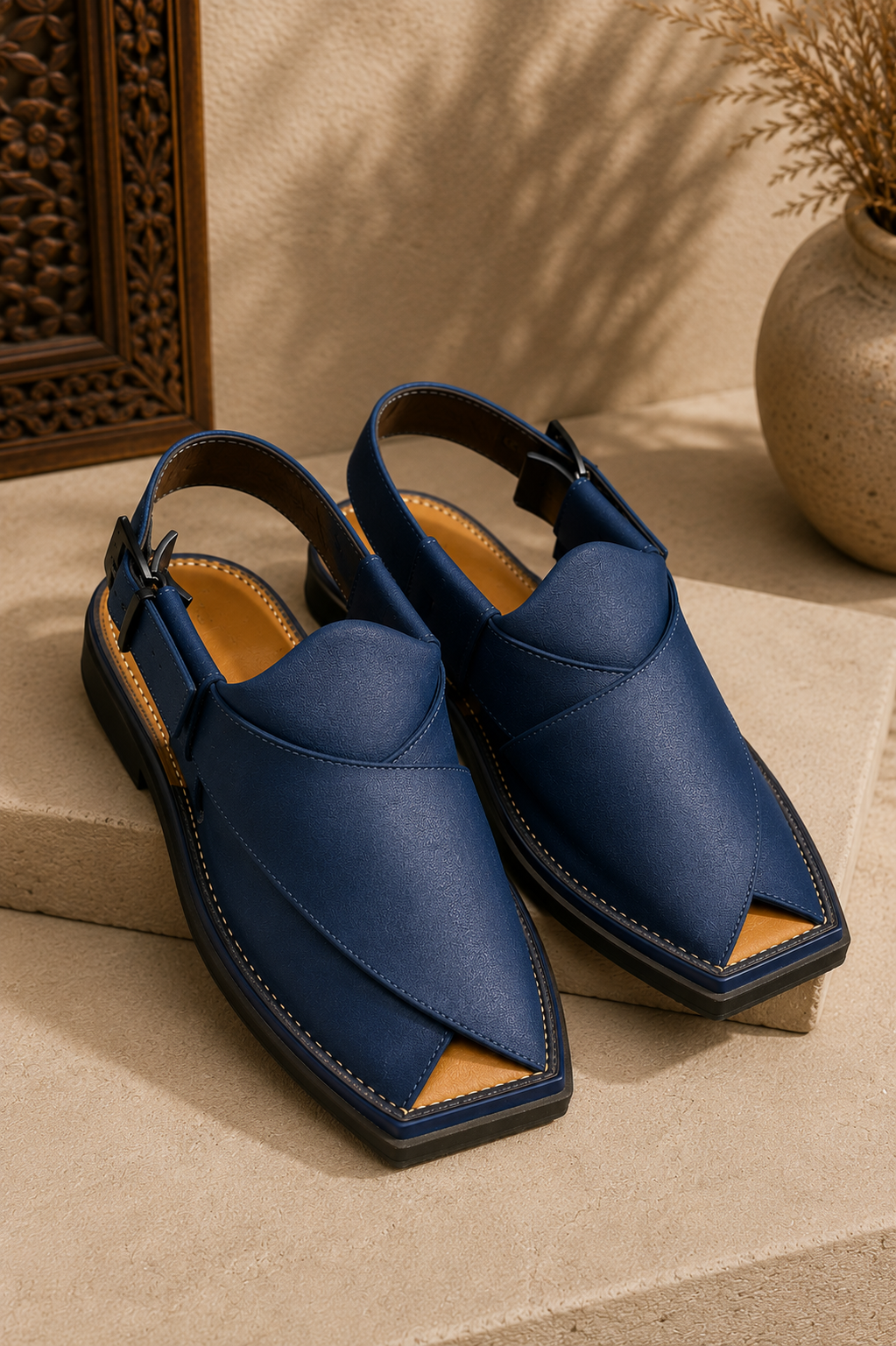 Men's Navy Blue Leather Peshawari Chappal | Traditional Pakistani Footwear | J. | 002