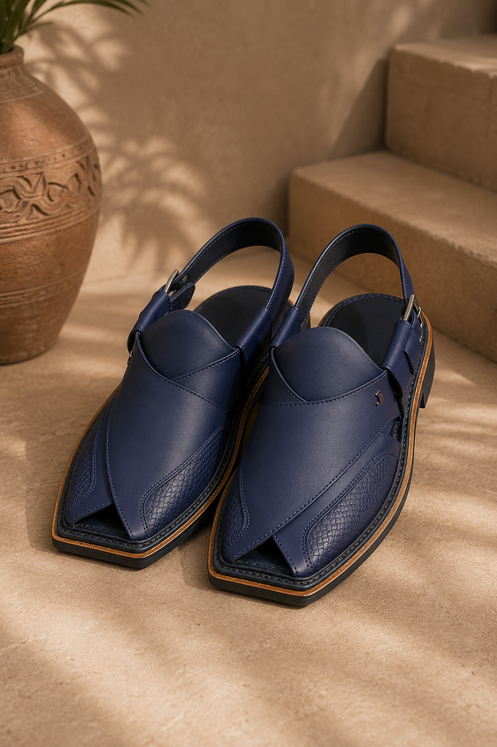 Men's navy blue Peshawari chappal with traditional Pakistani design