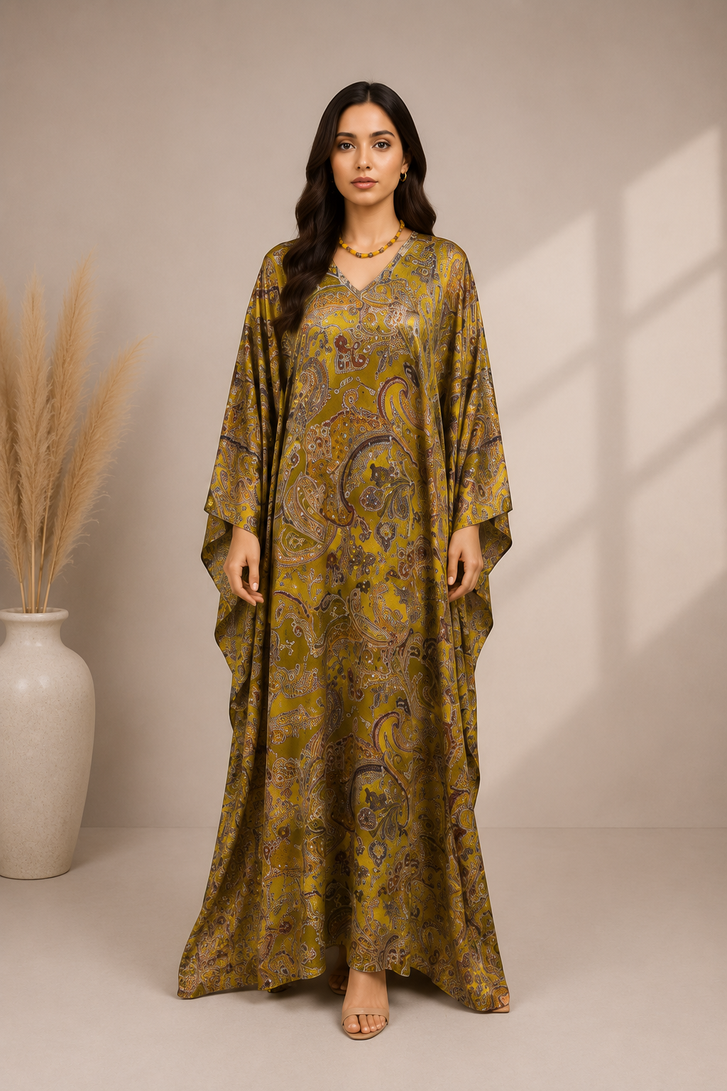 Mustard Paisley Kaftan Maxi Dress for Women | Elegant Printed Dress