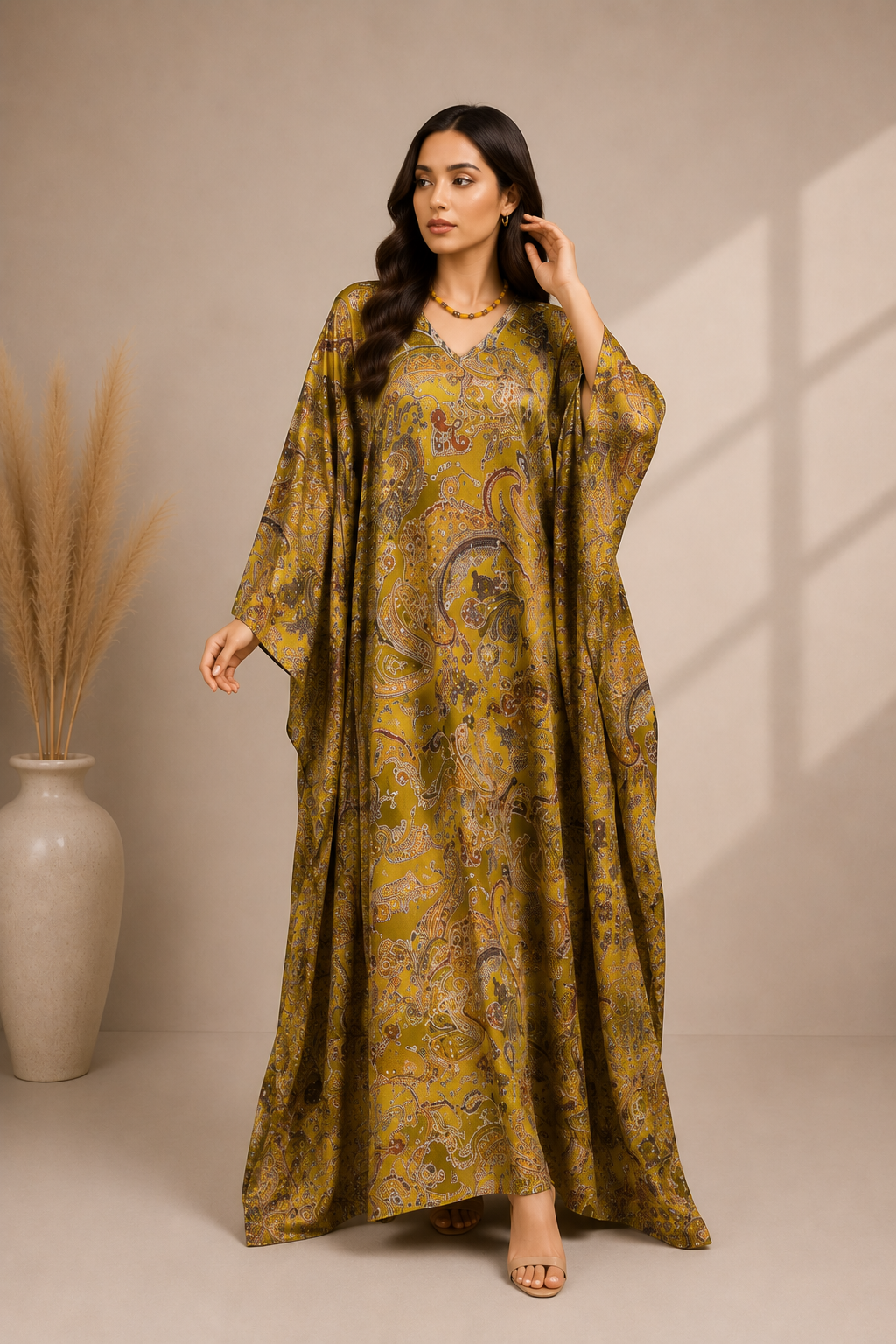Mustard Paisley Kaftan Maxi Dress for Women | Elegant Printed Dress