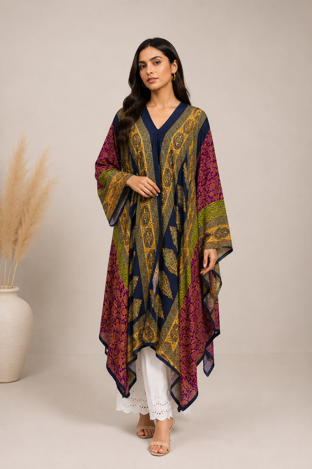 Navy Blue Printed Silk Poncho for Women | Paisley Statement Style