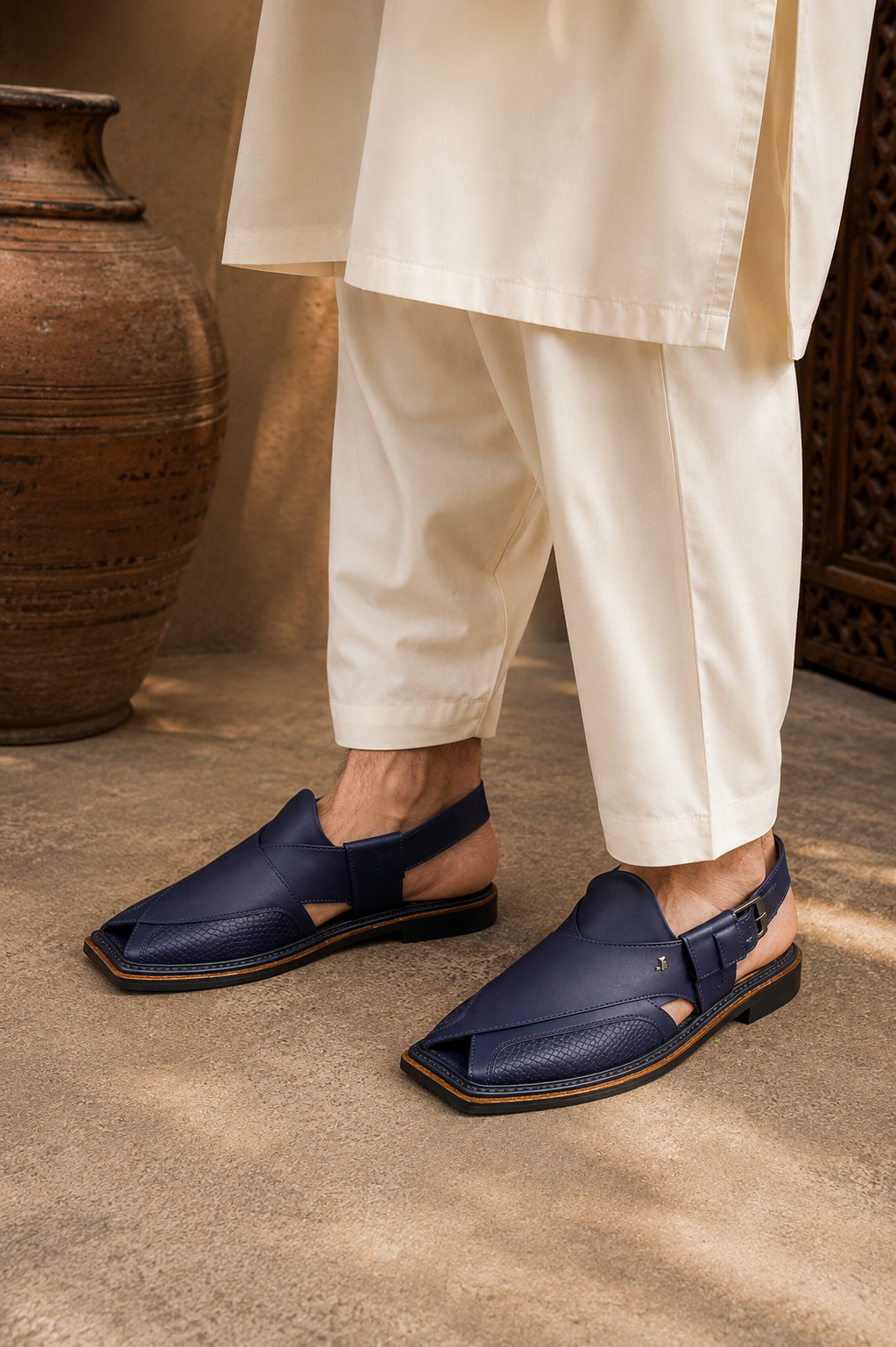 Men's Navy Blue Peshawari Chappal | J. Traditional Pakistani Footwear | 006
