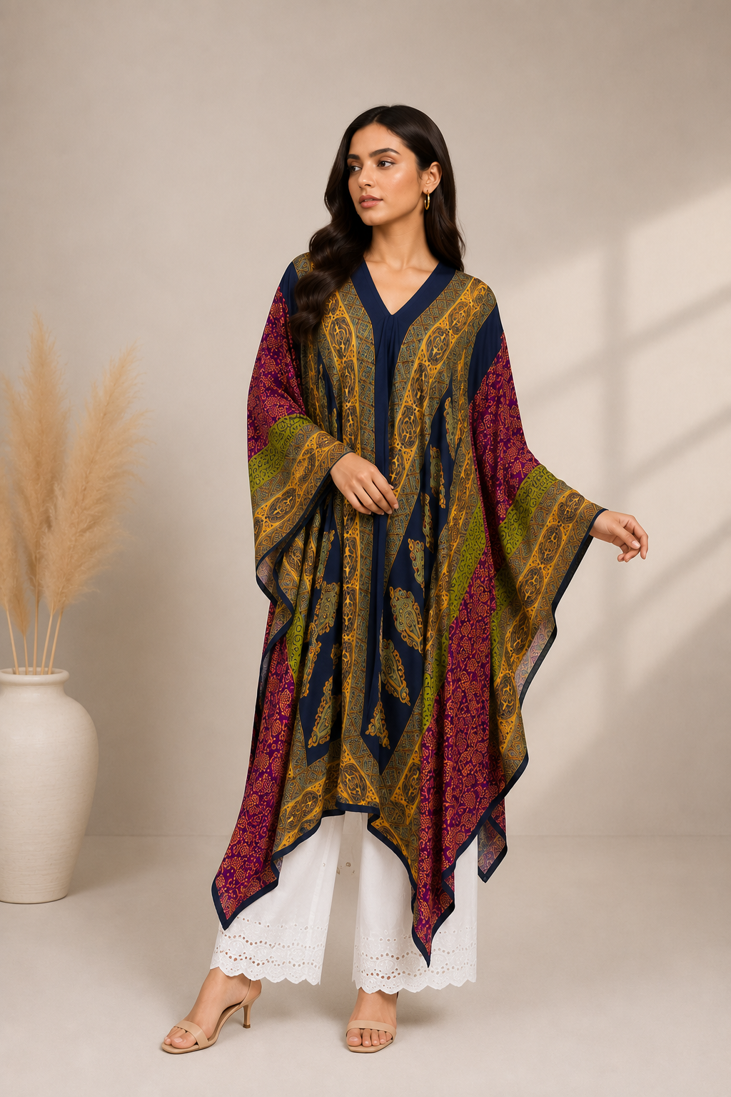 Navy Blue Printed Silk Poncho for Women | Paisley Statement Style