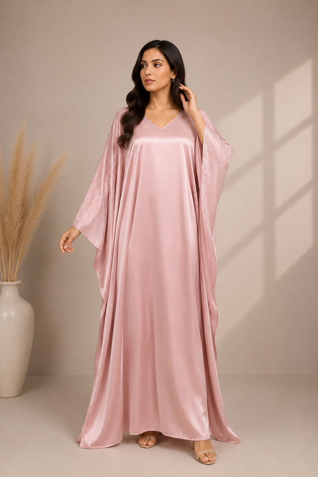 Pink Embellished Kaftan Maxi Dress for Women | Elegant Evening Dress