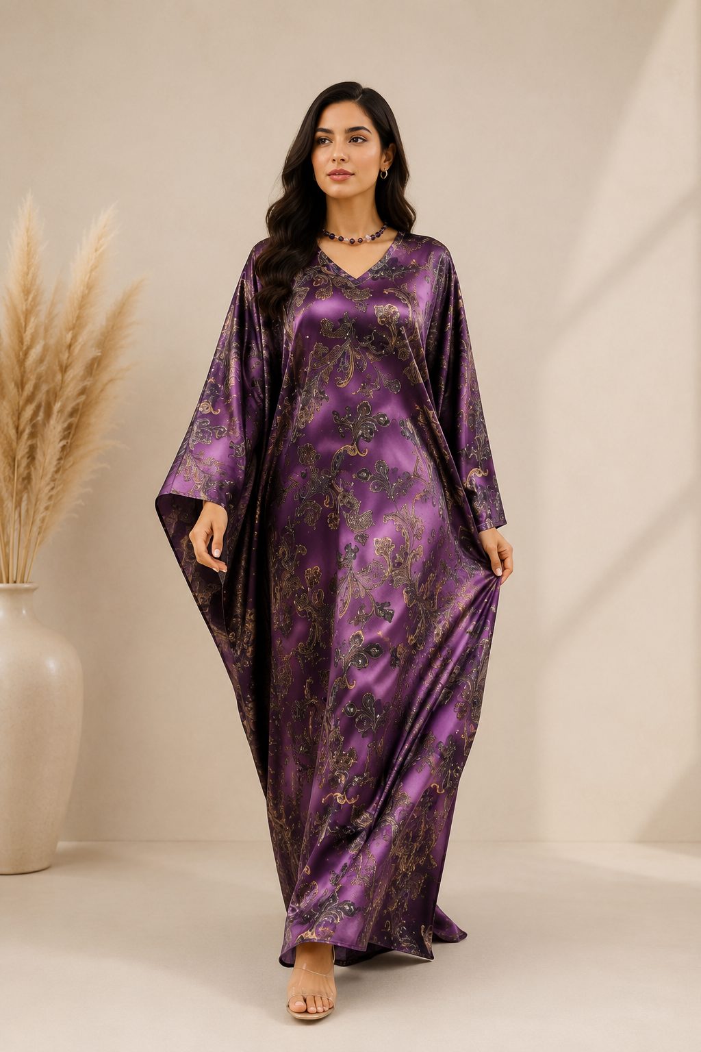Purple Paisley Kaftan Maxi Dress for Women | Elegant Printed Dress