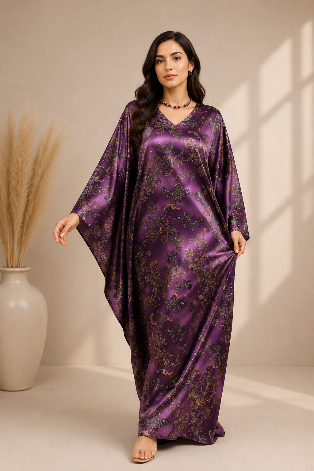Purple Paisley Kaftan Maxi Dress for Women | Elegant Printed Dress