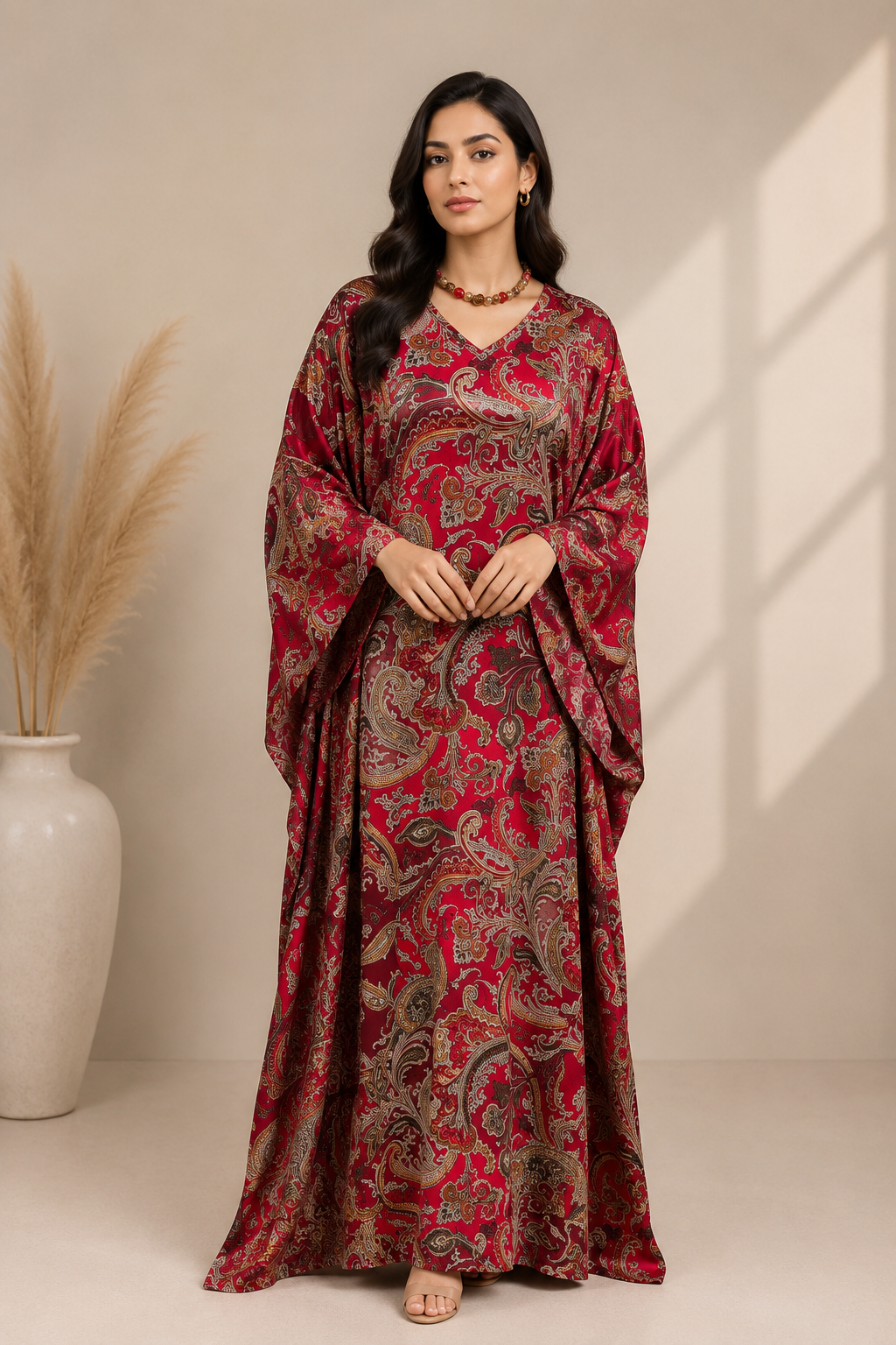 Red paisley kaftan maxi dress for women with flowing full-length silhouette
