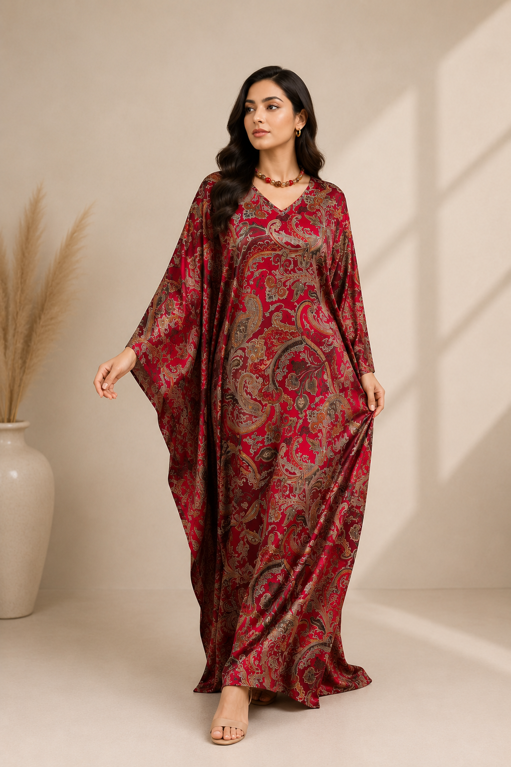 Red paisley kaftan maxi dress for women with flowing full-length silhouette