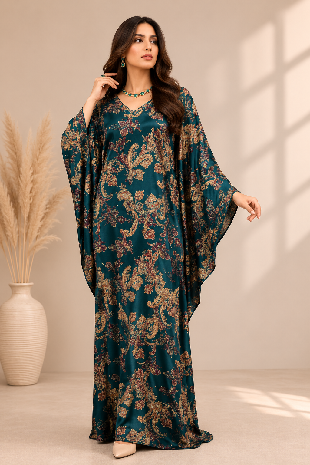 Teal Paisley Kaftan Maxi Dress for Women | Elegant Printed Dress