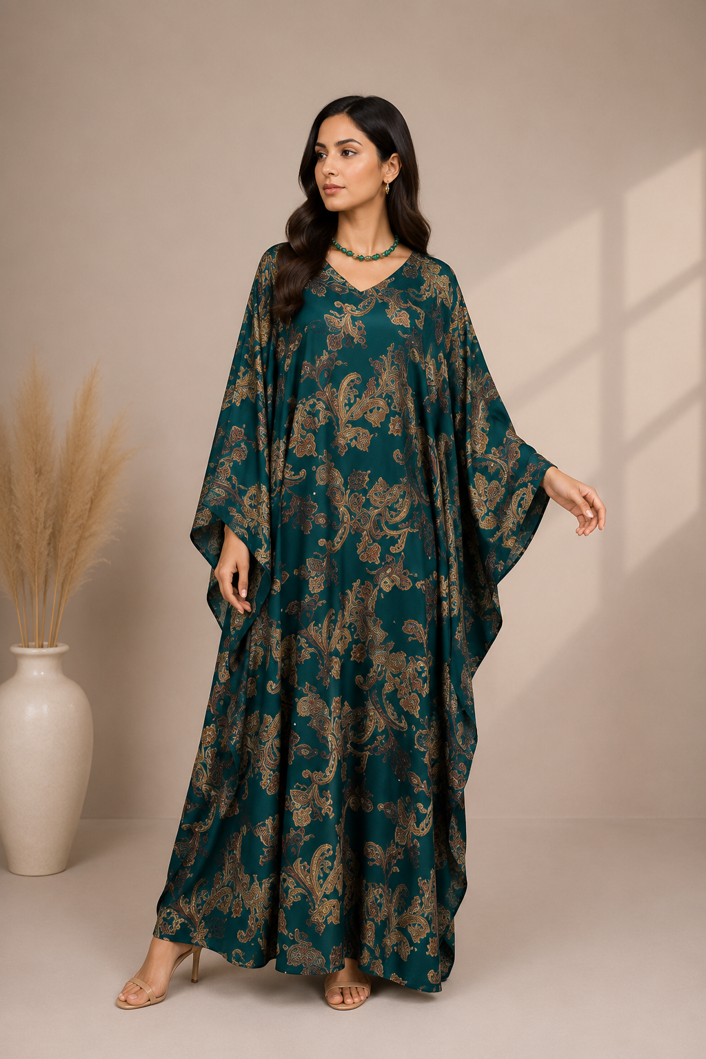 Teal Paisley Kaftan Maxi Dress for Women | Elegant Printed Dress