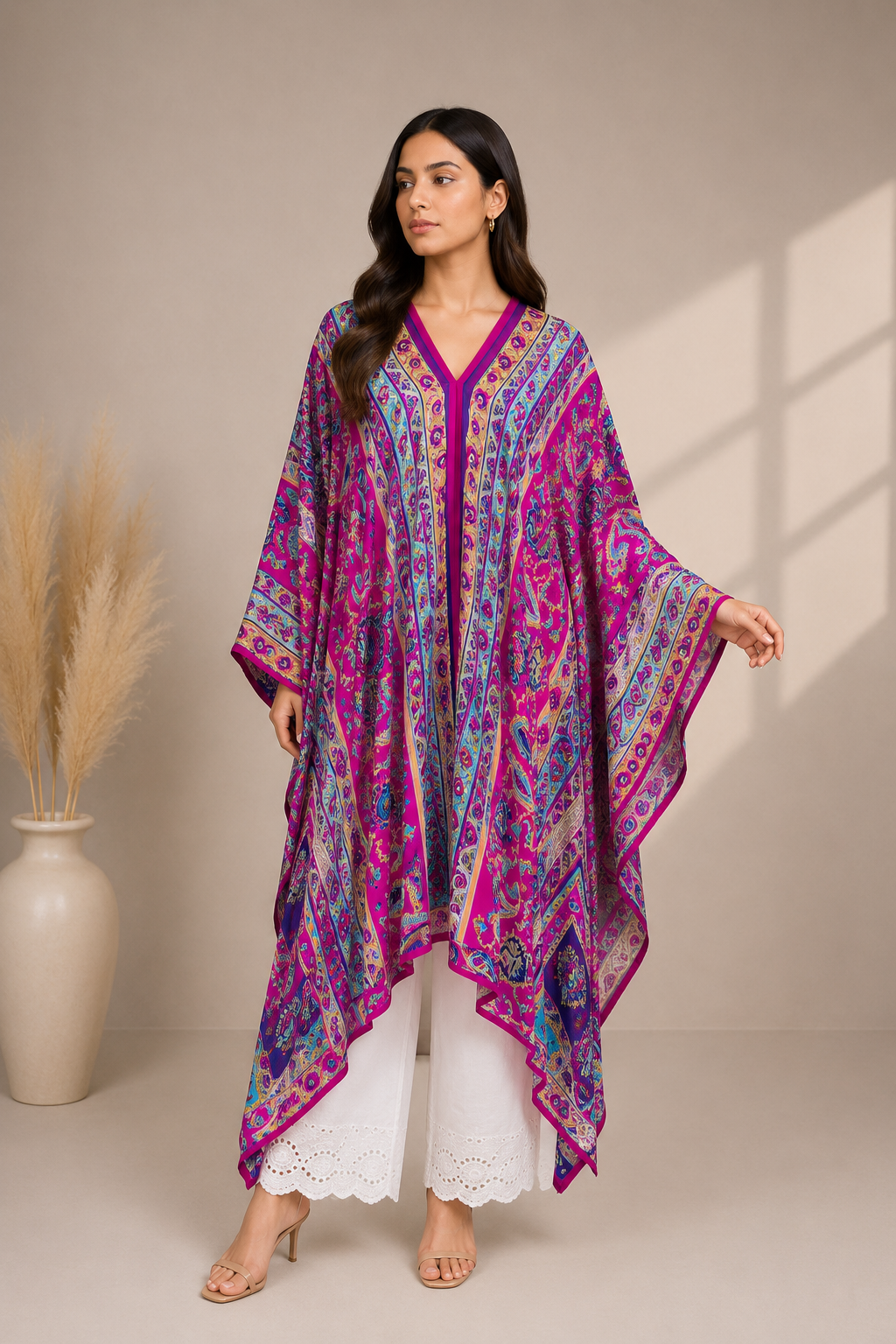 Colorful printed poncho for women with paisley-inspired pattern